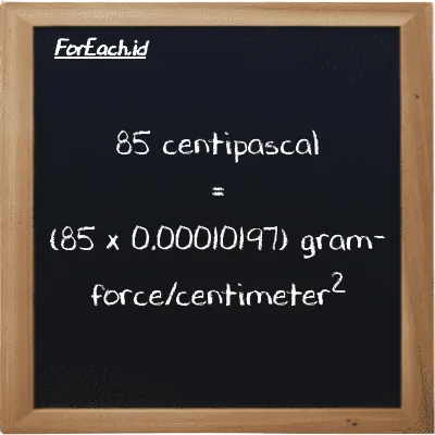 How to convert centipascal to gram-force/centimeter<sup>2</sup>: 85 centipascal (cPa) is equivalent to 85 times 0.00010197 gram-force/centimeter<sup>2</sup> (gf/cm<sup>2</sup>)